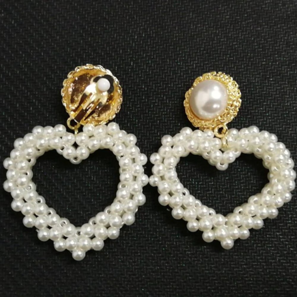 Gold Pearl Heart Shaped Glamour Drop Earrings